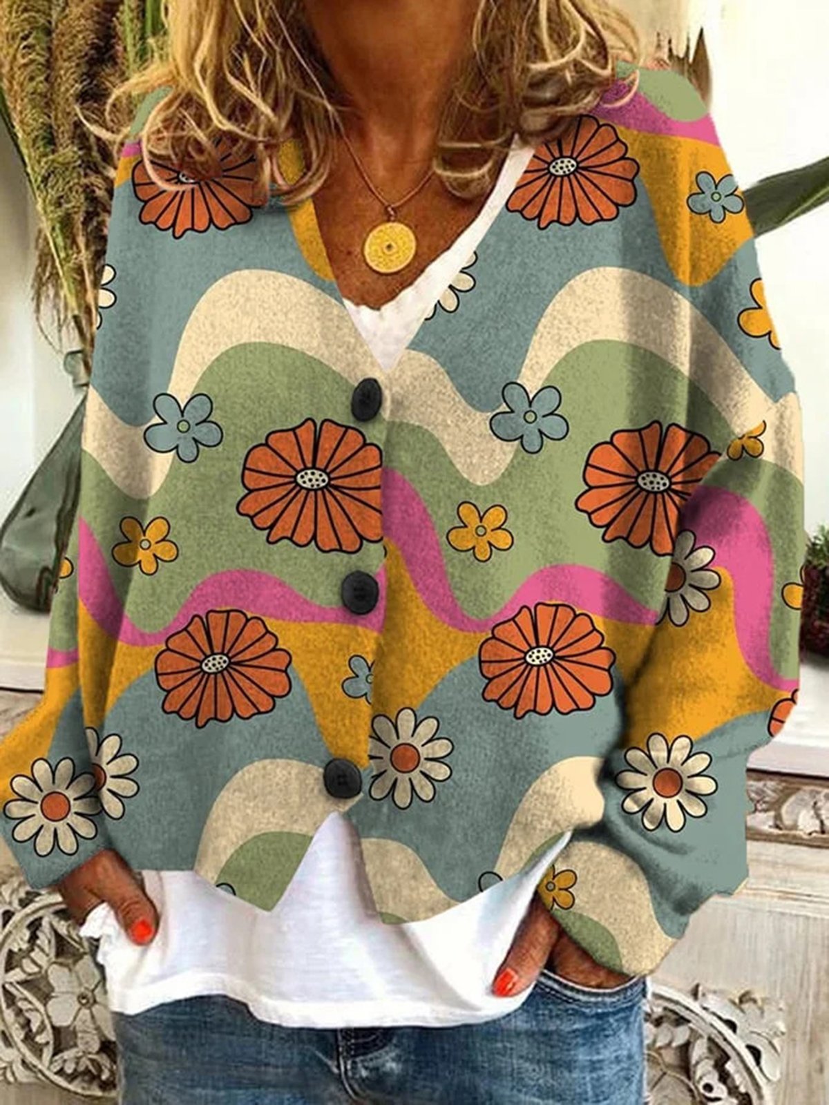 Others Loose Floral Casual Cardigan