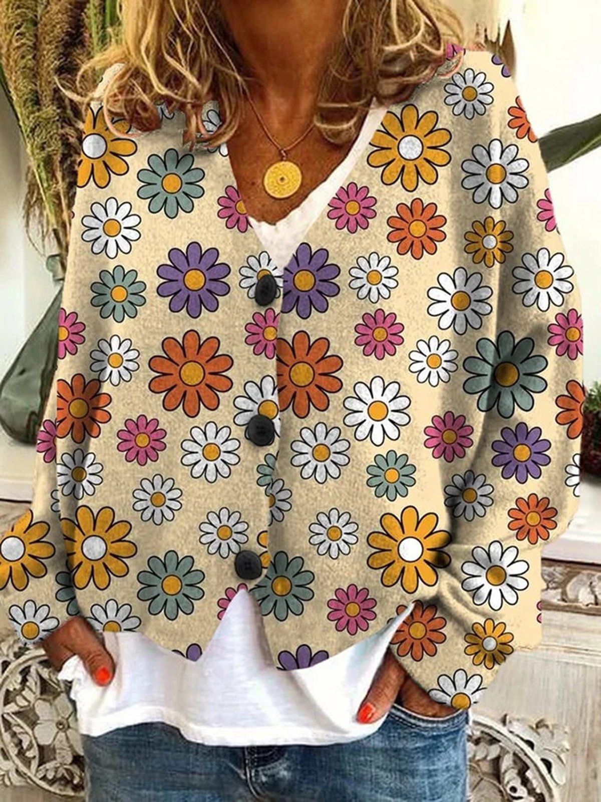 Others Loose Floral Casual Cardigan