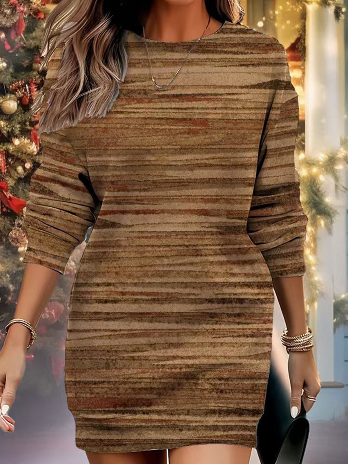 Women's Long Sleeve Spring/Fall Khaki Abstract Stripes V Neck Daily Going Out Casual Midi A-Line Dress