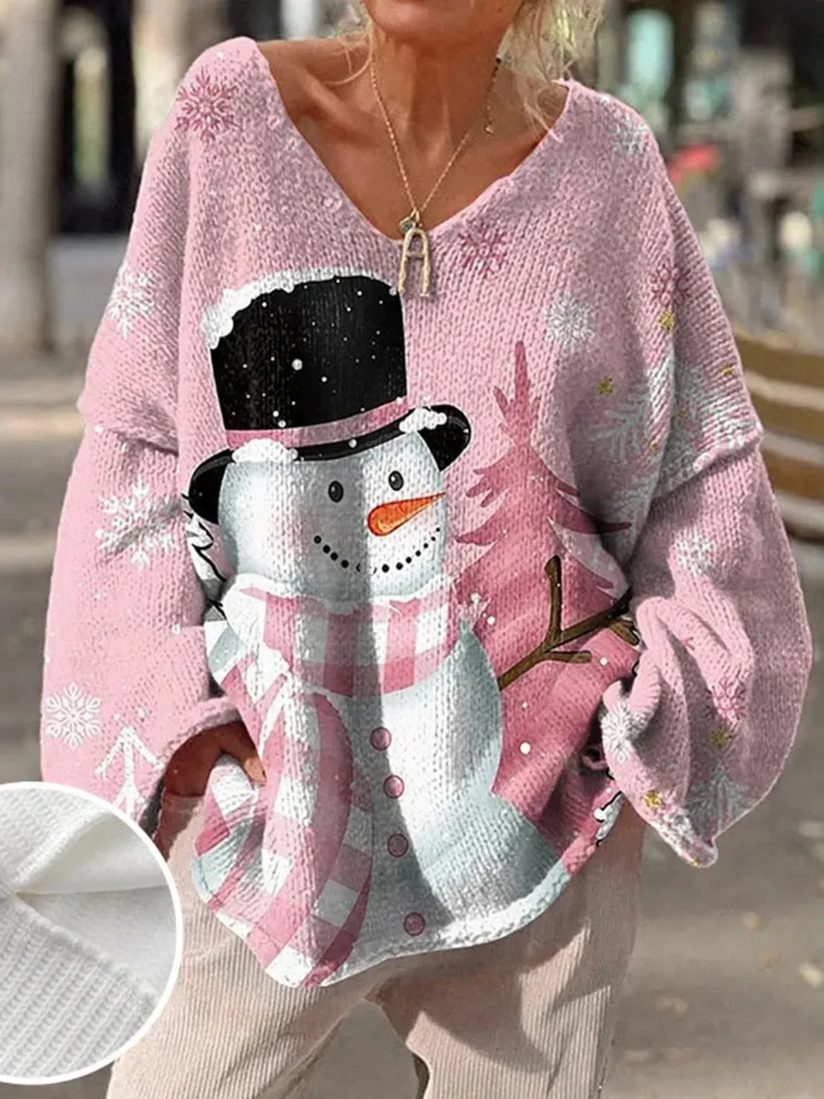 Casual Christmas Snowman Loose V Neck Sweater