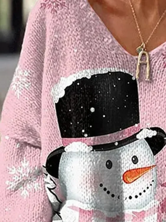 Casual Christmas Snowman Loose V Neck Sweater