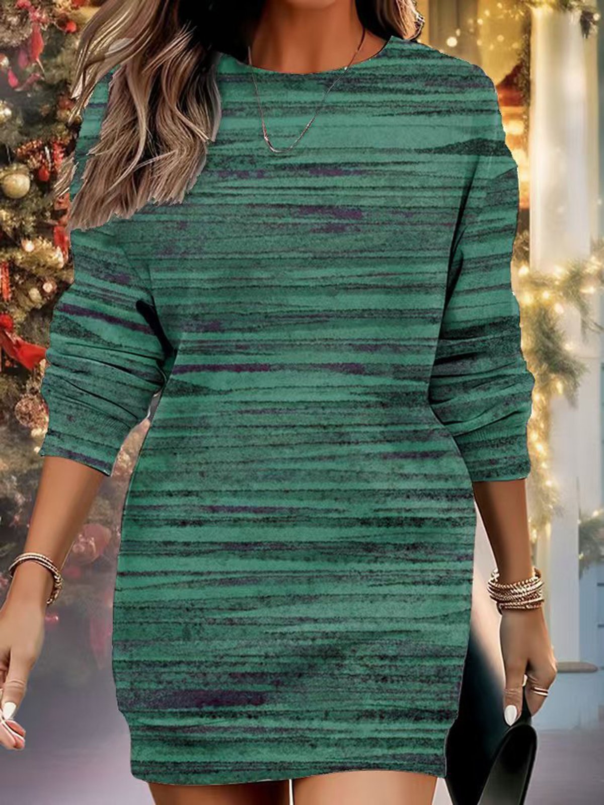 Women's Long Sleeve Spring/Fall Khaki Abstract Stripes V Neck Daily Going Out Casual Midi A-Line Dress