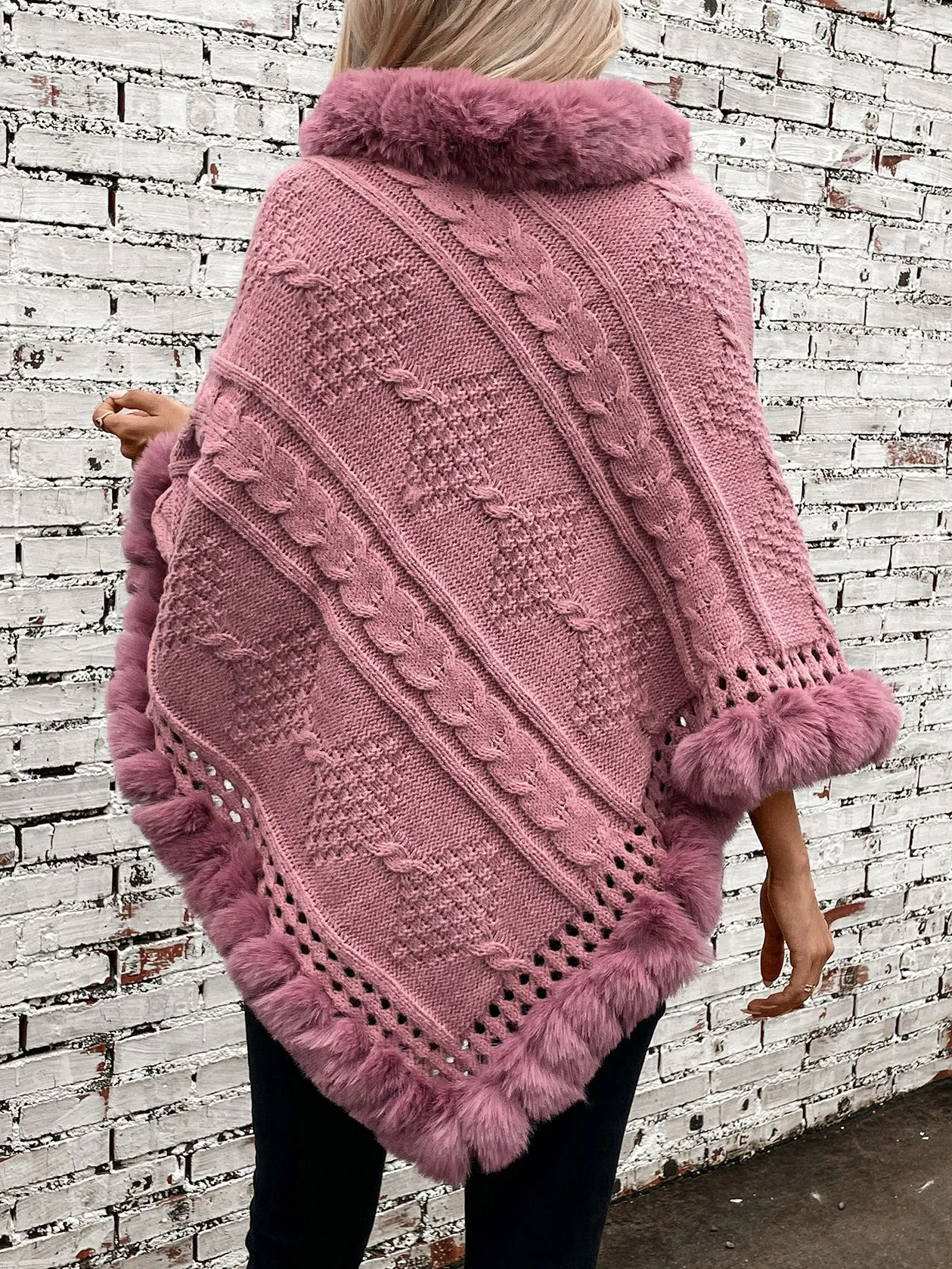 Fur Collar Elegant Plain Crew Neck Cloak