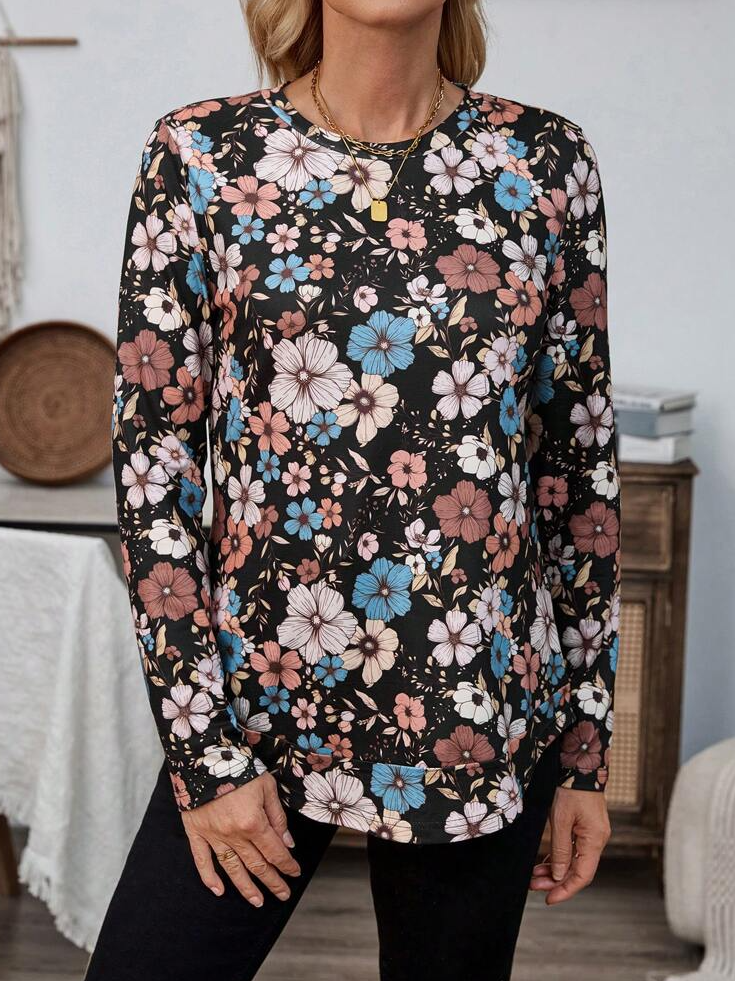 Floral Print Long Sleeve Crew Neck T-shirt