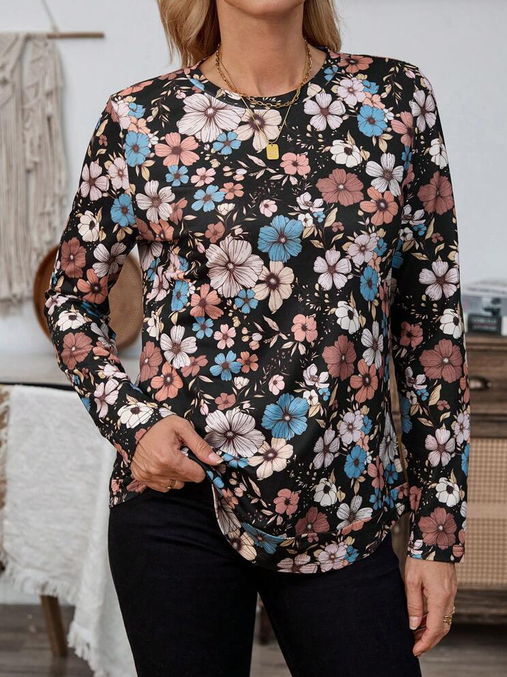 Floral Print Long Sleeve Crew Neck T-shirt