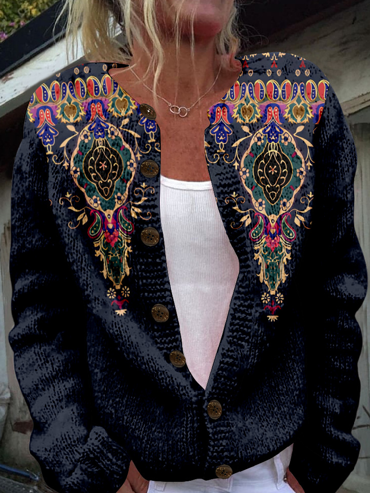 Crew Neck Casual Ethnic Loose Jacket