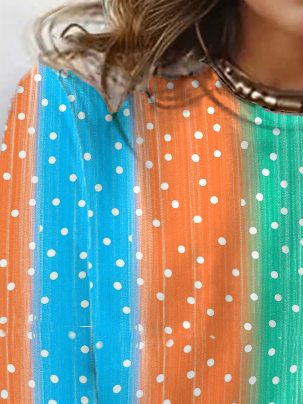 Polka-dot Stripe Print Long-Sleeved Crew Neck T-shirt