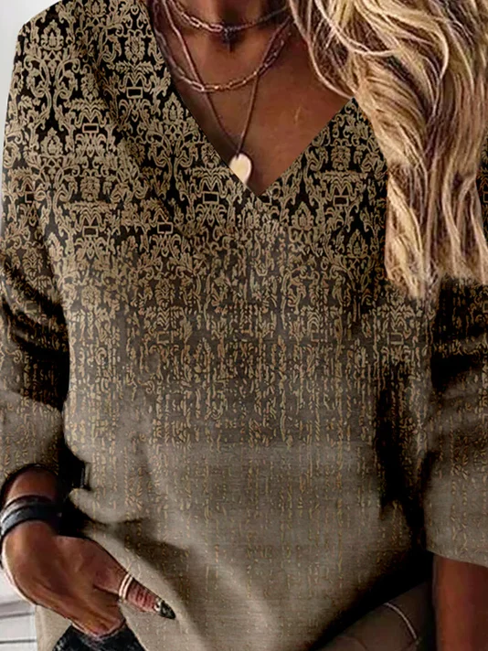 Ethnic Long Sleeve V Neck Casual Sweatshirt