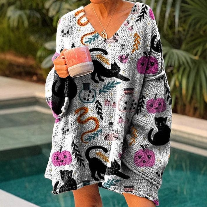 Casual Floral V Neck Loose Sweatshirt
