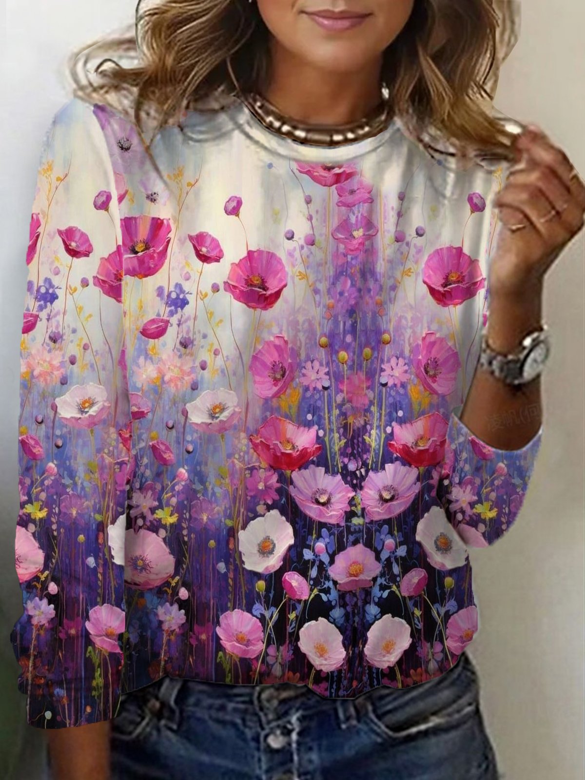 Floral Print Long Sleeve Crew Neck T-shirt