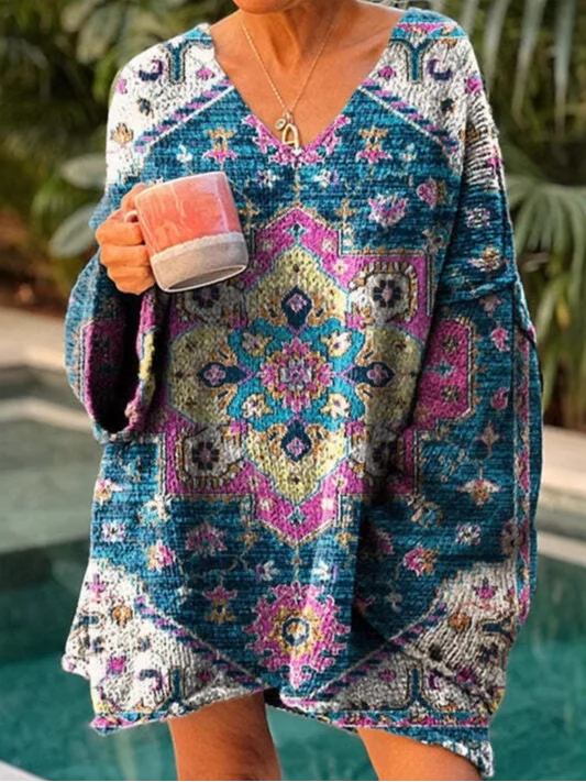 Casual Floral V Neck Loose Sweatshirt