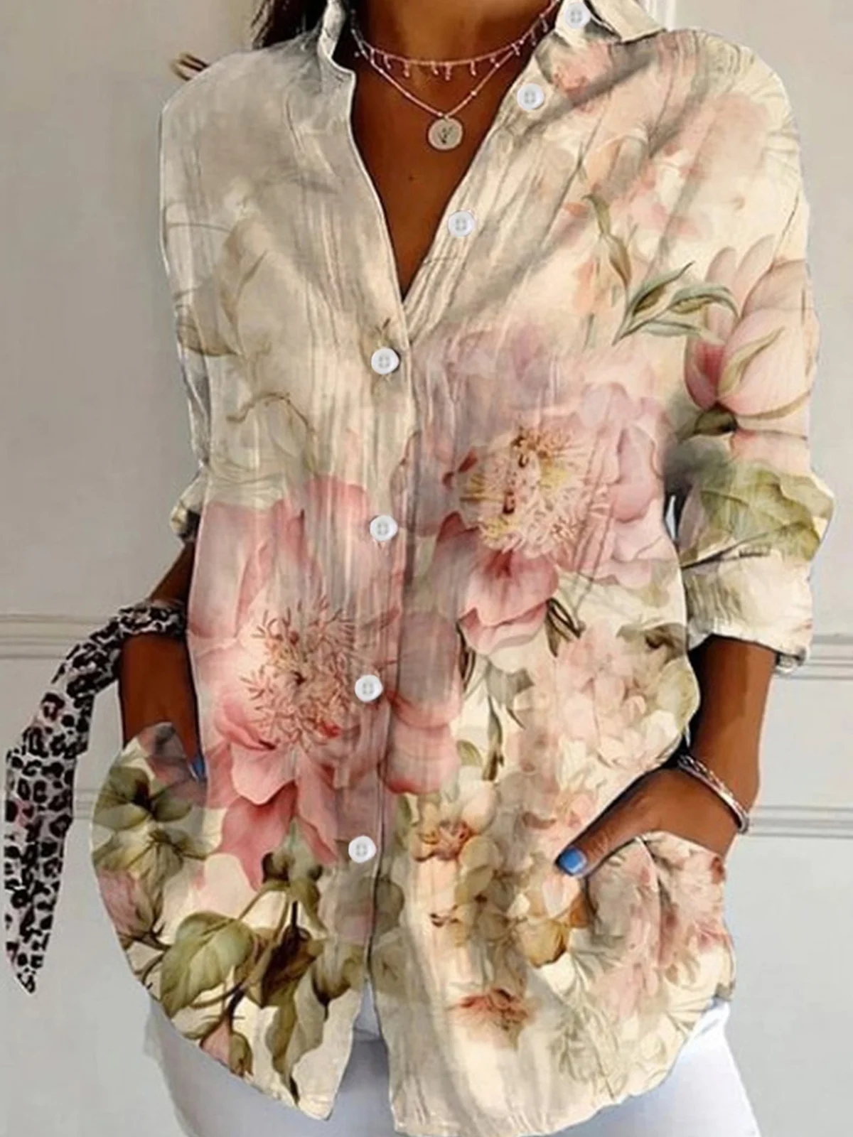 Vintage Floral Buttoned Shirt Collar Shirt