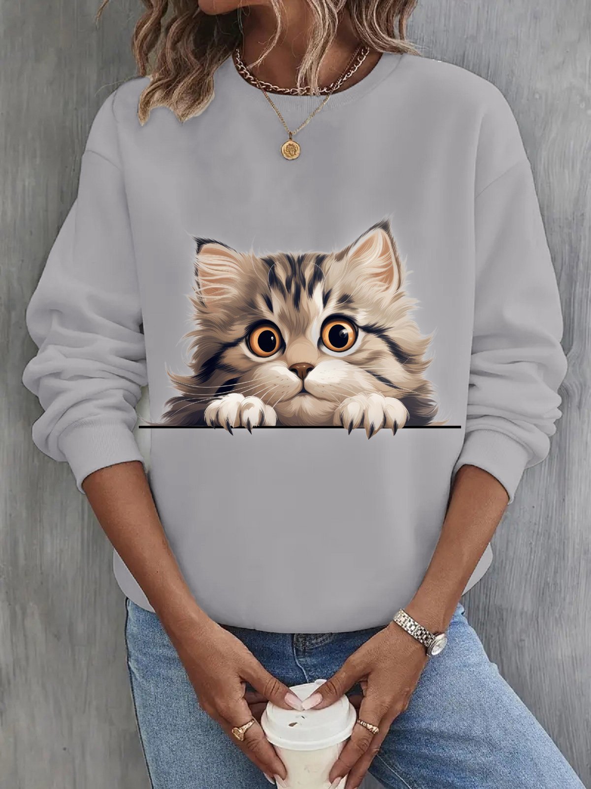 Cat Casual Crew Neck Sweatshirt