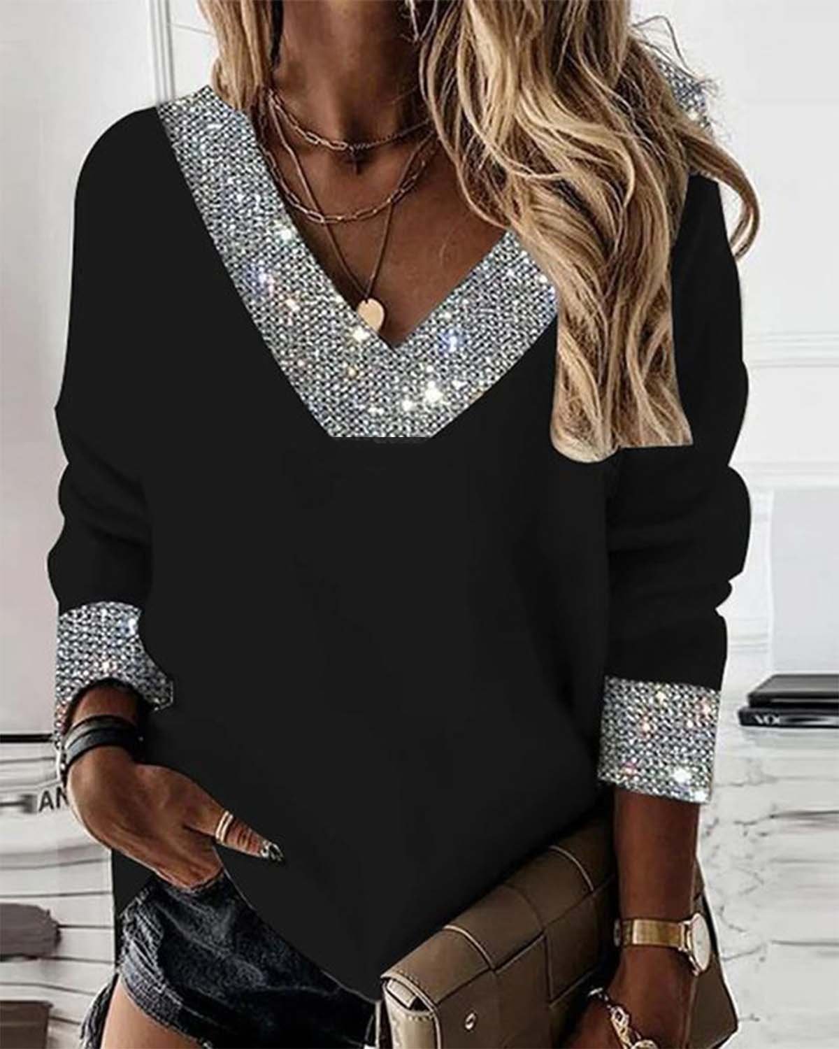 Loose Sexy V Neck Multicolor Block Sweatshirt