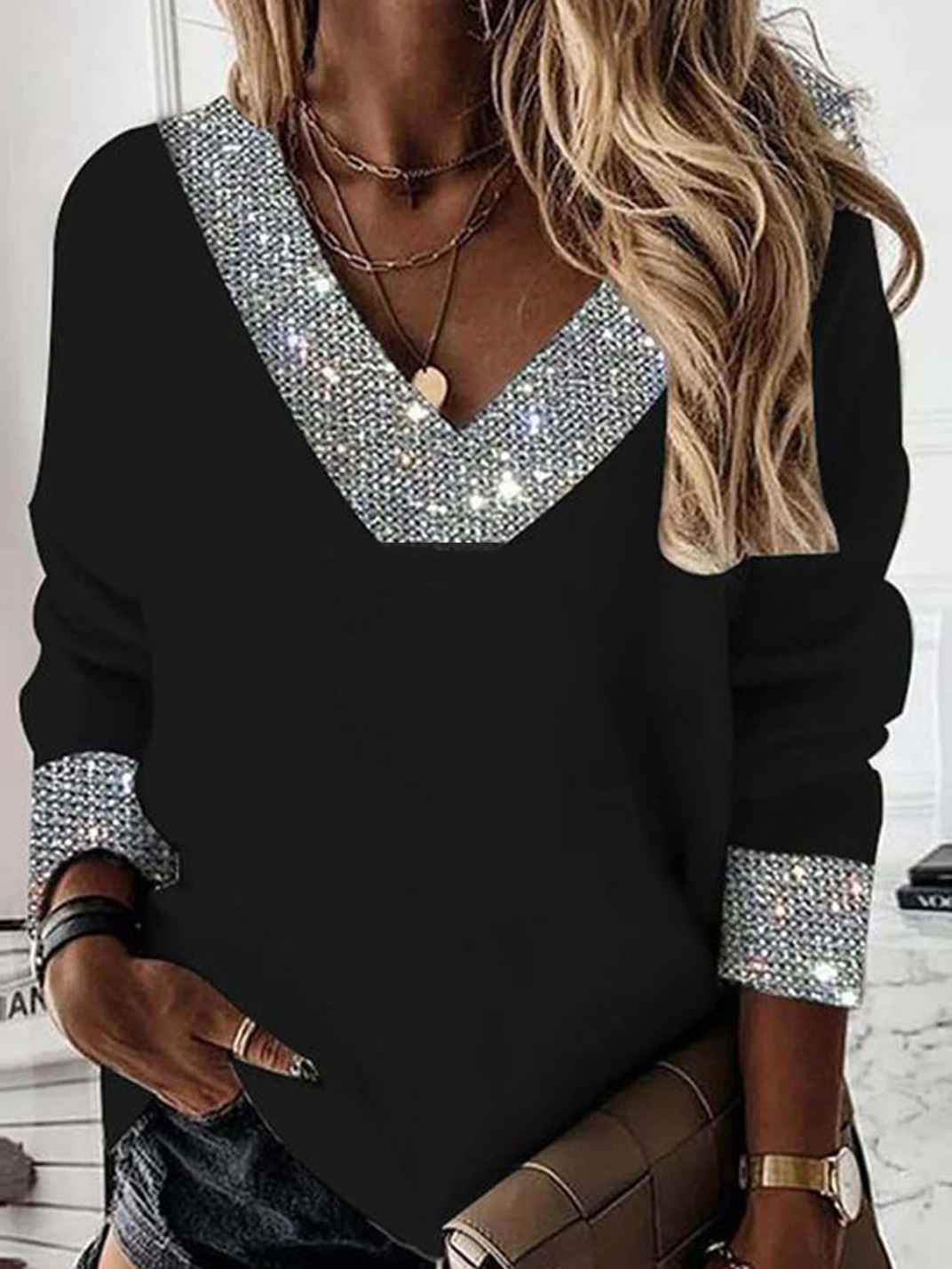 Loose Sexy V Neck Multicolor Block Sweatshirt