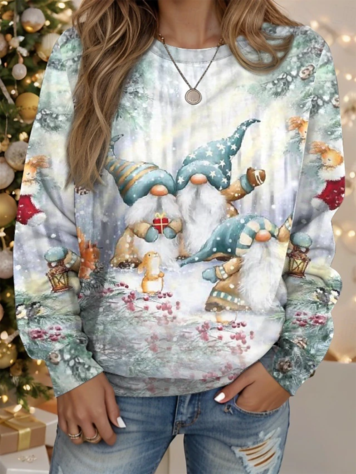 Christmas Print Long Sleeve Crew Neck Sweatshirt