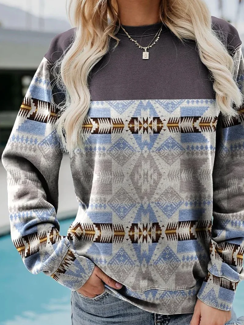 Loose Casual Crew Neck Ethnic Sweatshirt