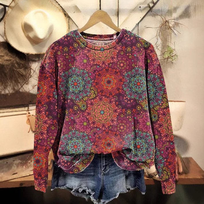 Ethnic Crew Neck Loose Casual Sweatshirt