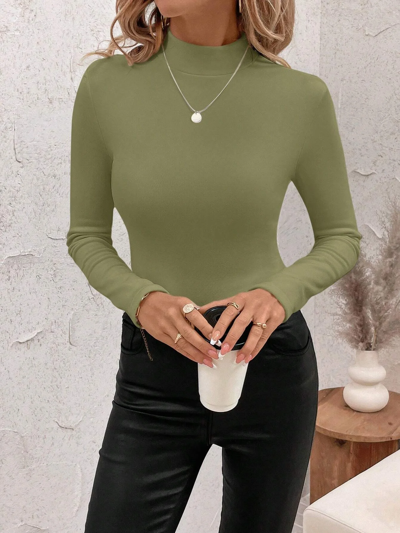 Women's Warm Knit Wool White Turtleneck Flannel T-Shirt