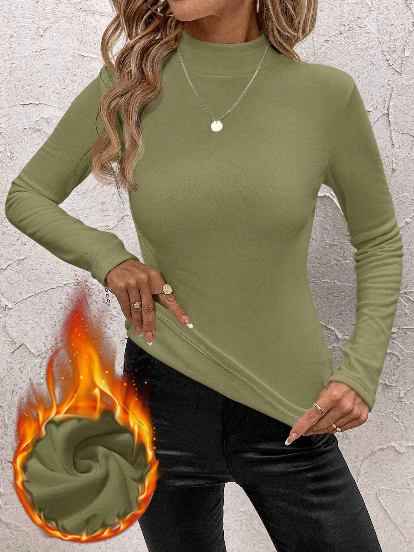 Women's Warm Knit Wool White Turtleneck Flannel T-Shirt