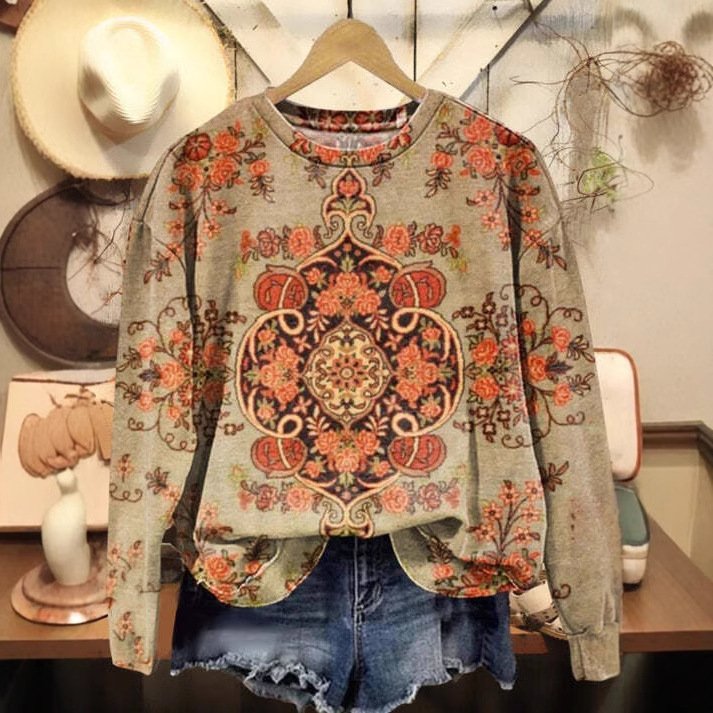 Ethnic Crew Neck Loose Casual Sweatshirt