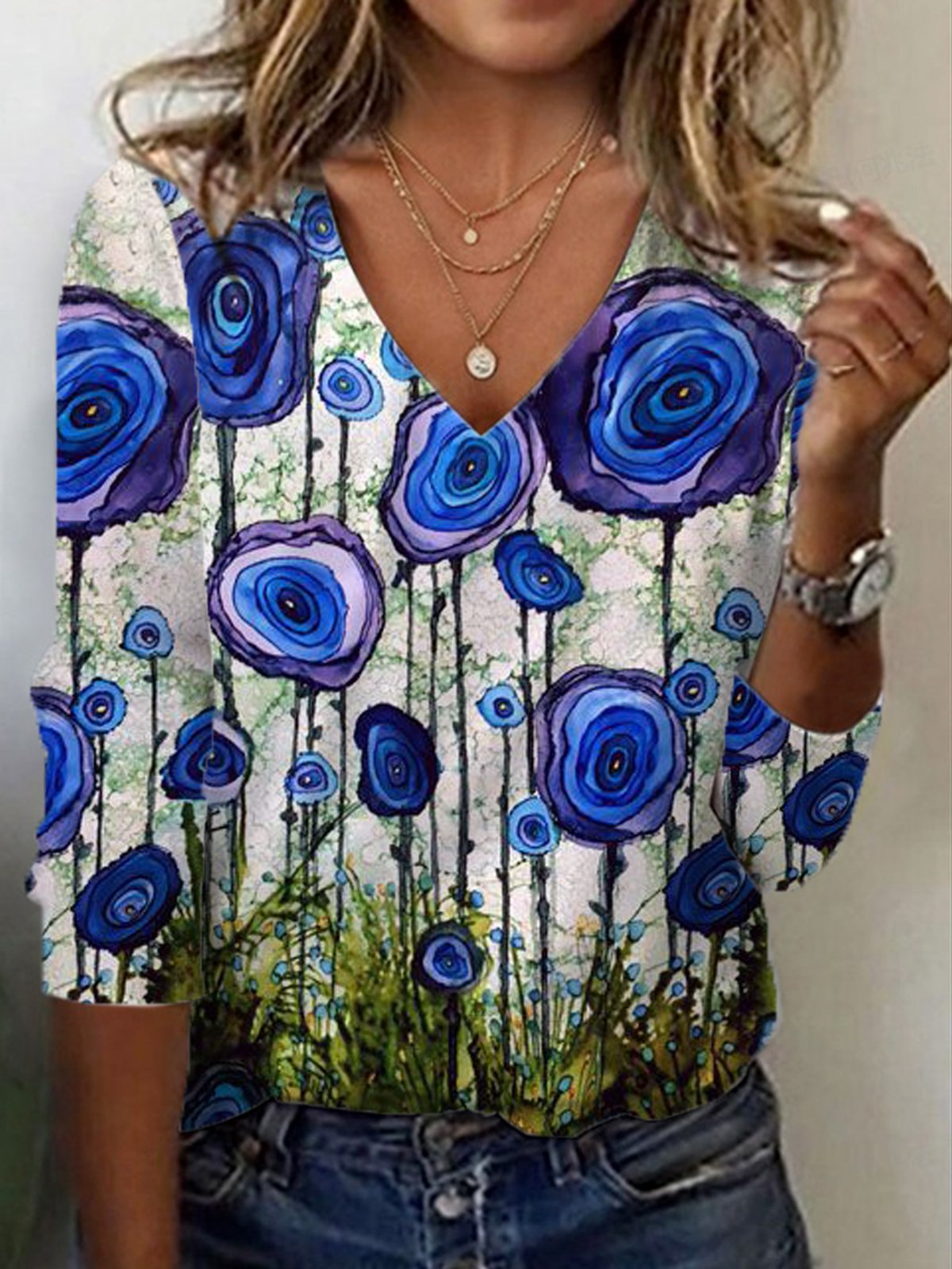 Floral Print Long Sleeve V-Neck T-shirt