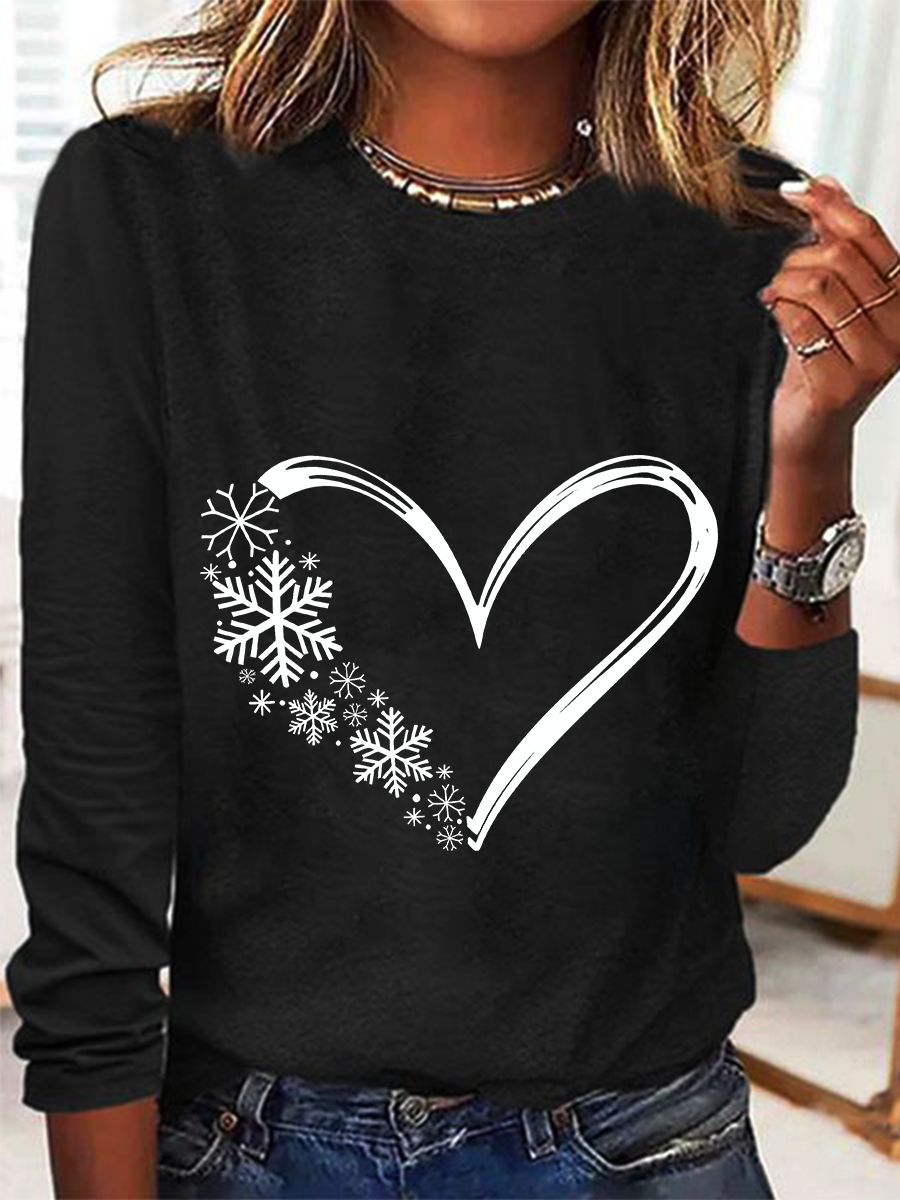 Snowflake Heart Christmas Casual Long Sleeve Shirt