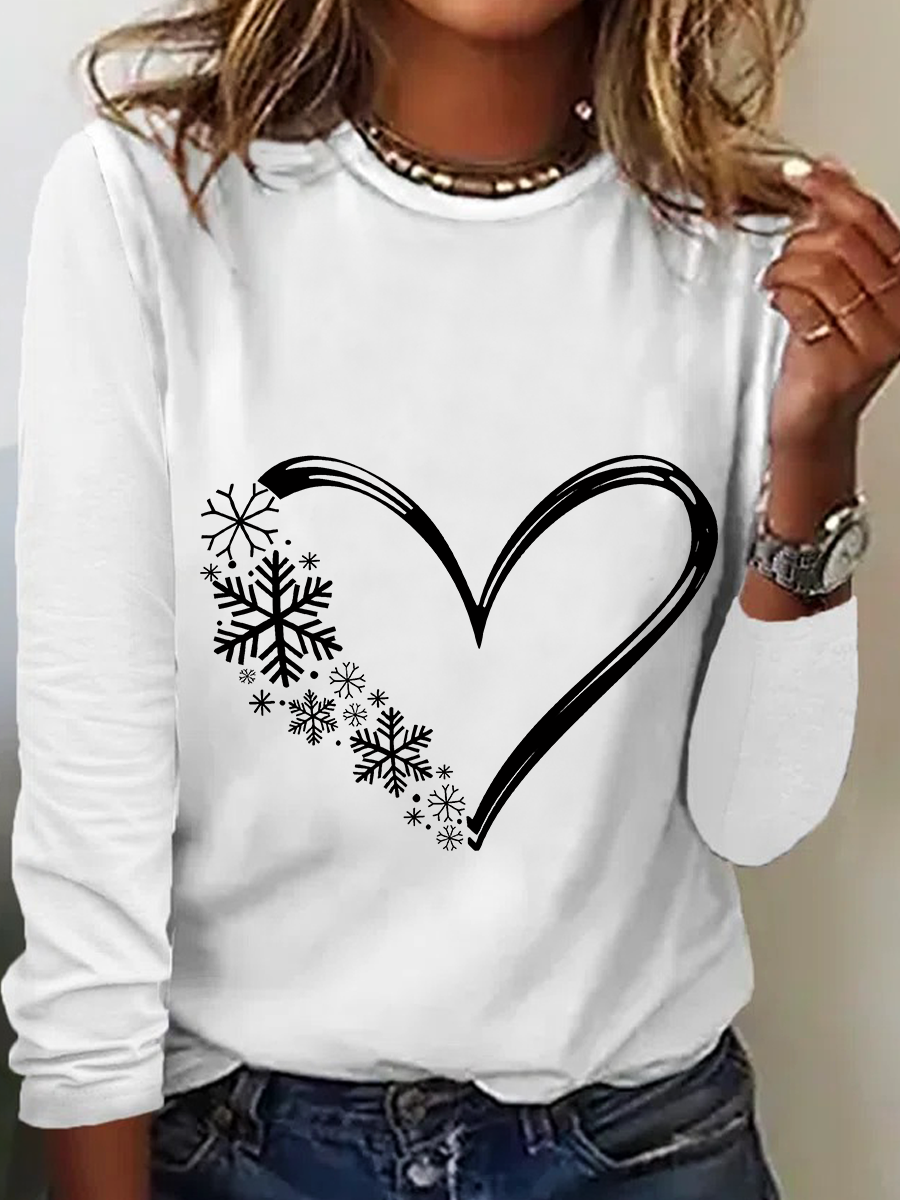 Snowflake Heart Christmas Casual Long Sleeve Shirt