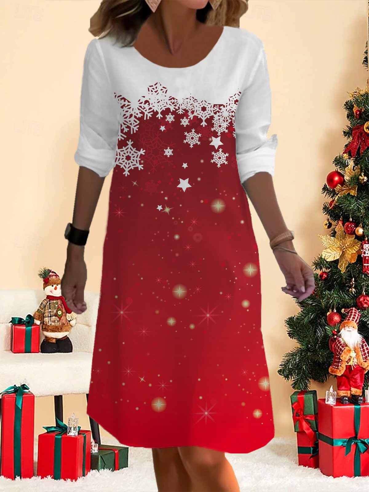 Snowflake Print Casual Round Neck Long Sleeve Dress