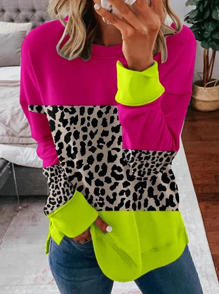 Casual Crew Neck Color Block Sweatshirt