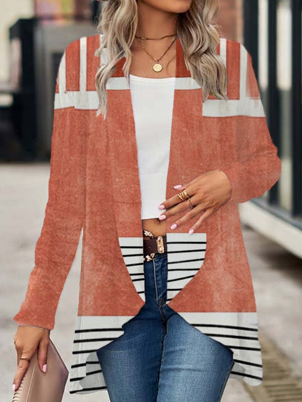 Striped Print Casual Long Sleeve Shawl Jacket