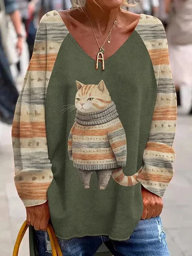 Casual V Neck Loose Animal Sweatshirt