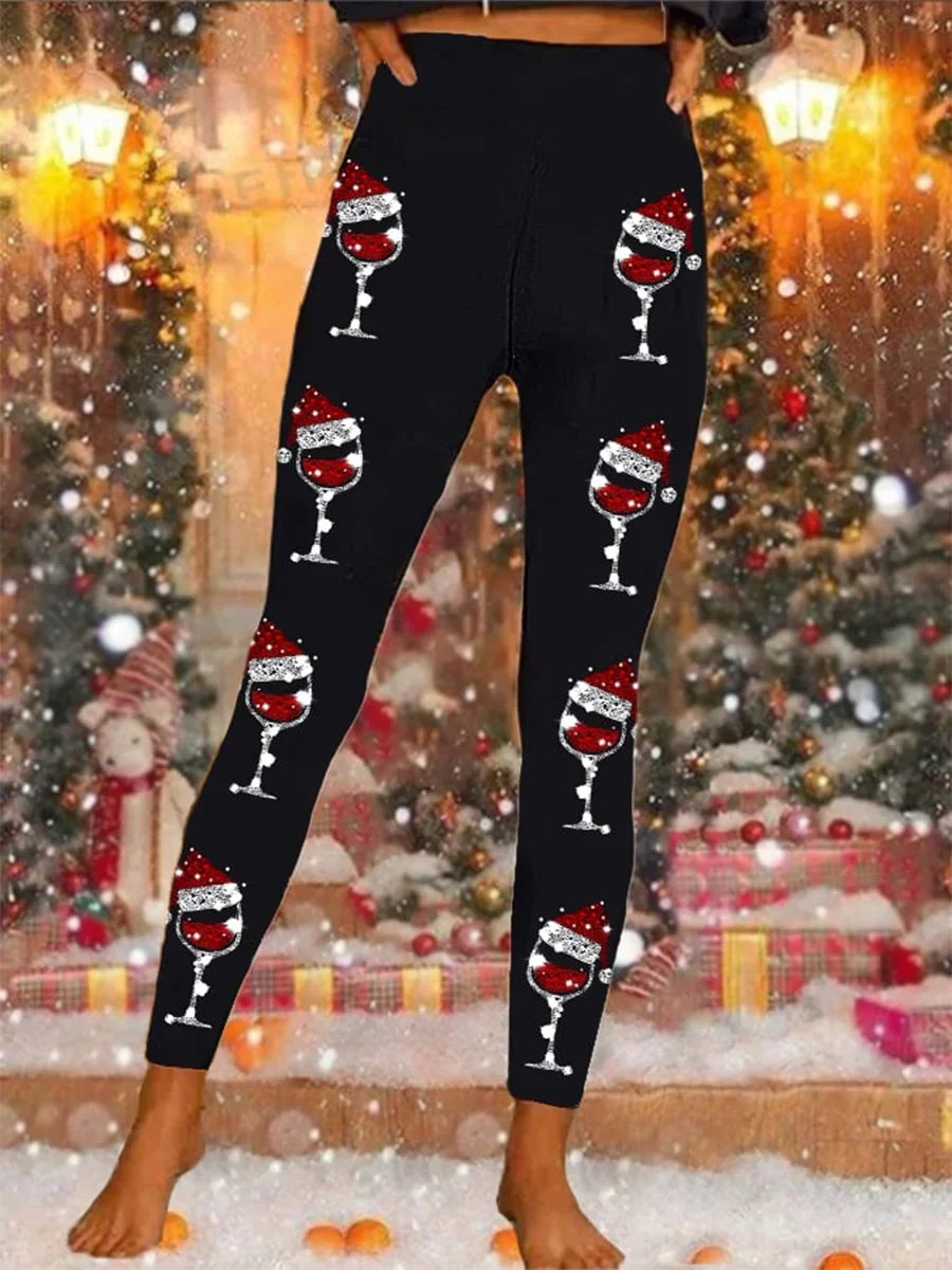 Tight Casual Christmas Wine Glass Jersey Leggings