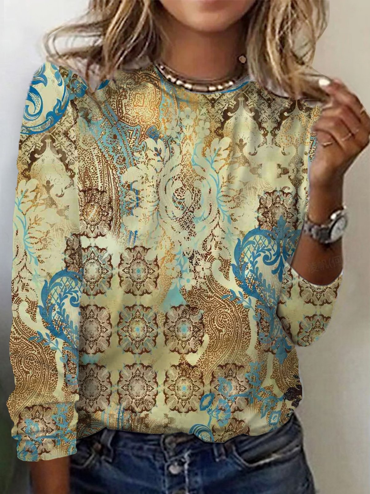 Ethnic Print Long Sleeve Crew Neck T-shirt