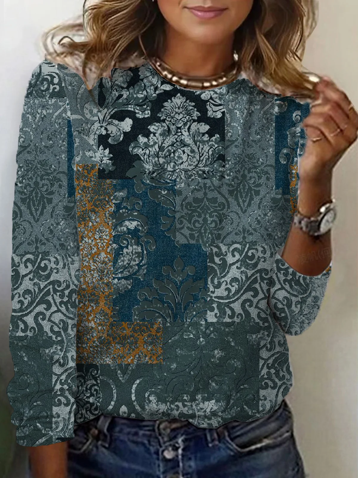 Ethnic Print Long Sleeve Crew Neck T-shirt