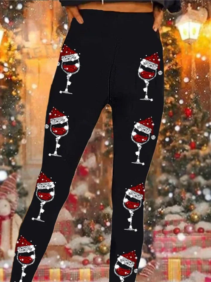 Tight Casual Christmas Wine Glass Jersey Leggings