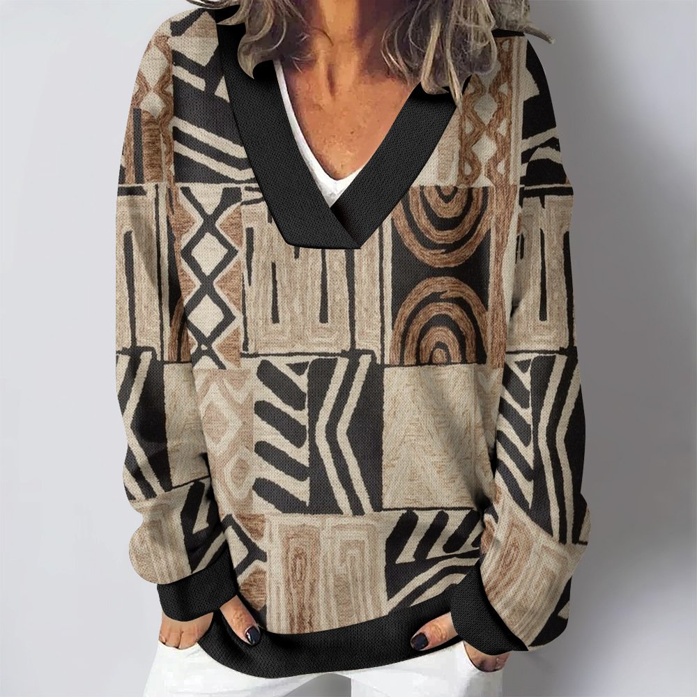 Loose Abstract Graphic Vintage V Neck Sweatshirt