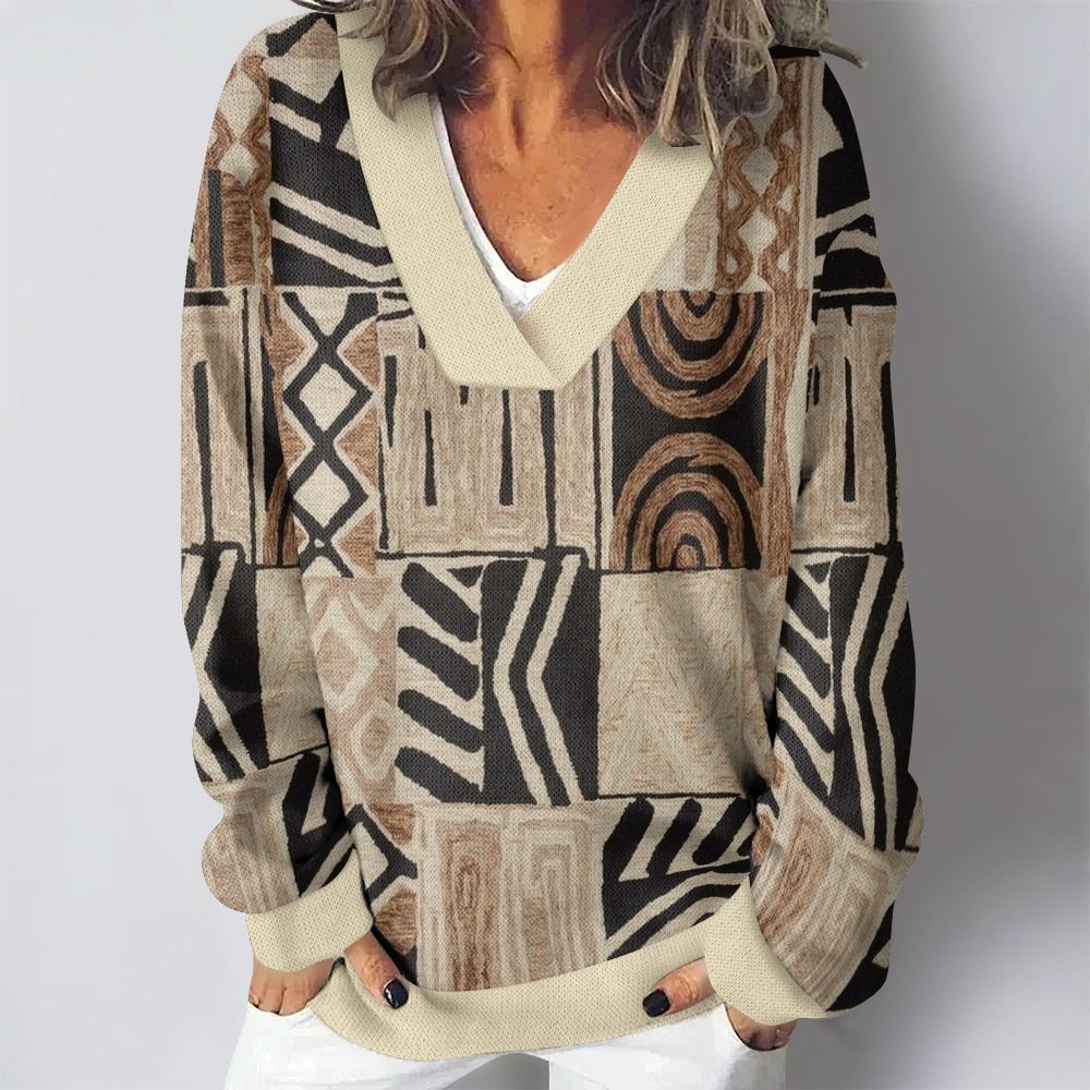 Loose Abstract Graphic Vintage V Neck Sweatshirt