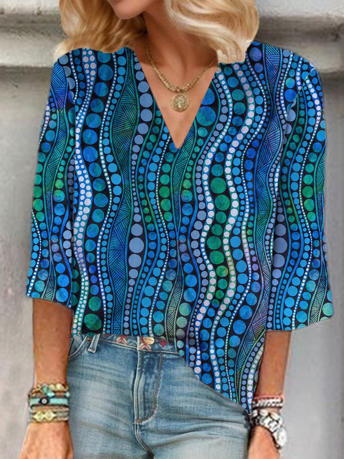 Abstract Print Long-sleeve V-neck Blouse