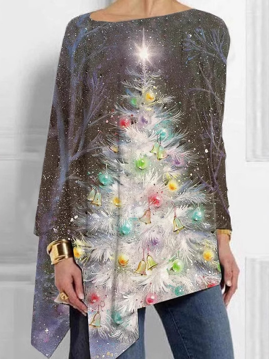 Casual Crew Neck Christmas Jersey Blouse