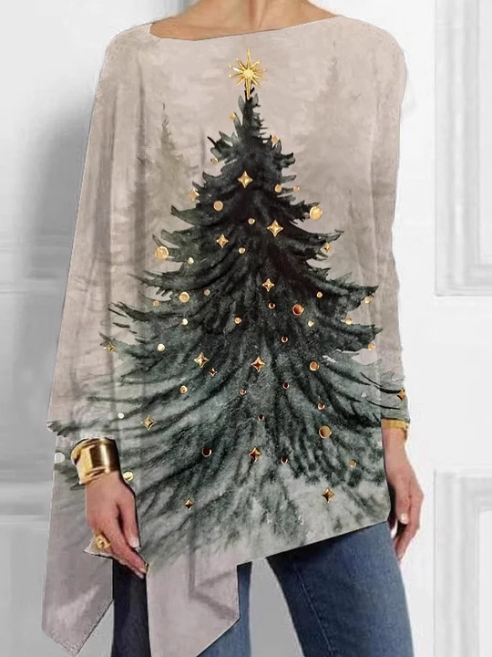 Casual Crew Neck Christmas Jersey Blouse