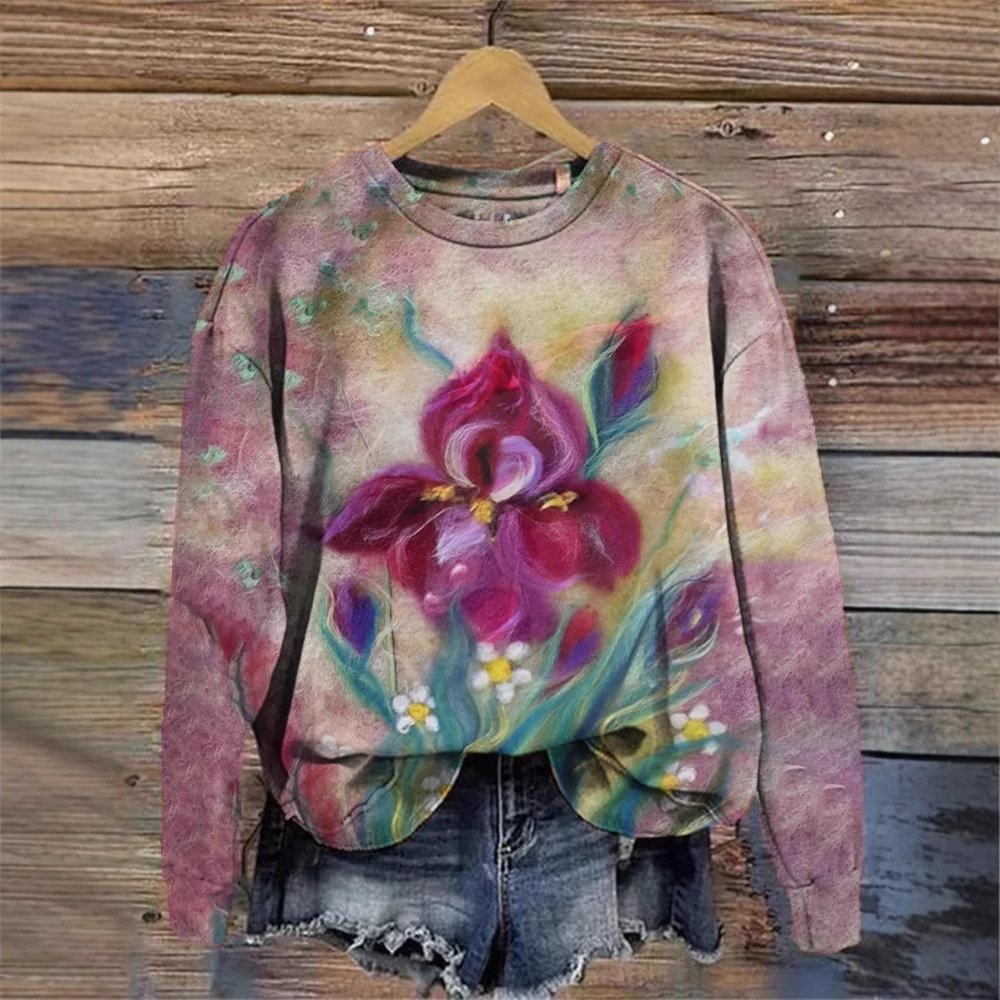 Loose Crew Neck Floral Casual Sweatshirt