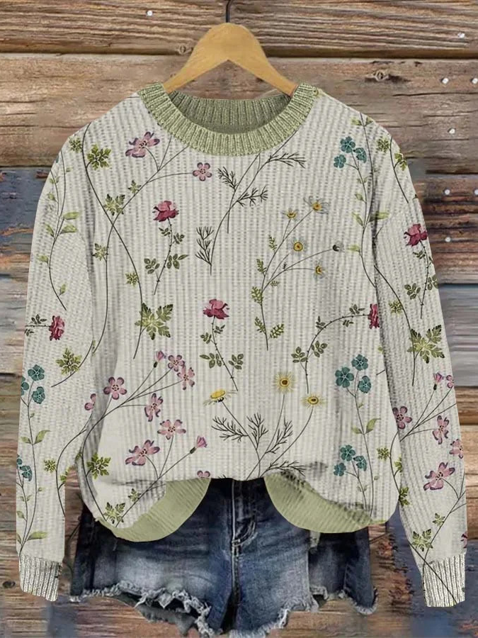 Loose Crew Neck Floral Casual Sweatshirt