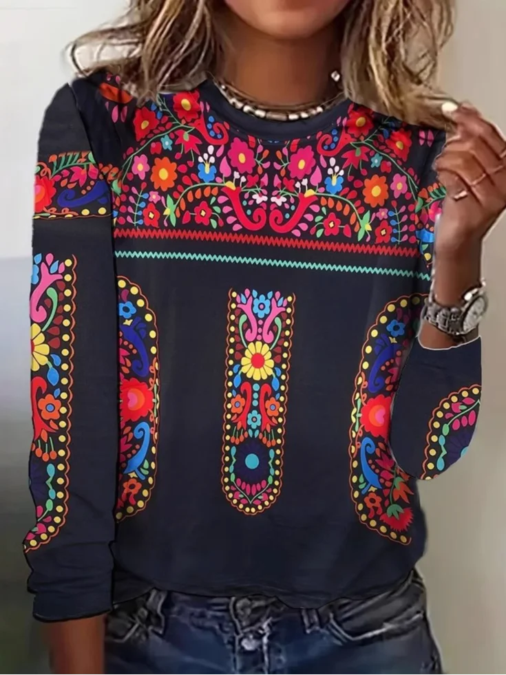 Ethnic Casual Crew Neck Jersey T-Shirt