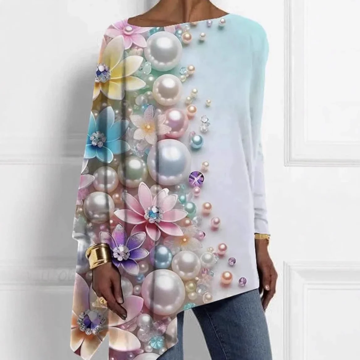 Casual Abstract Crew Neck Jersey Blouse