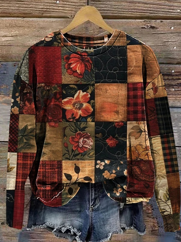 Retro Floral Patchwork Art Print Casual Sweatshirt