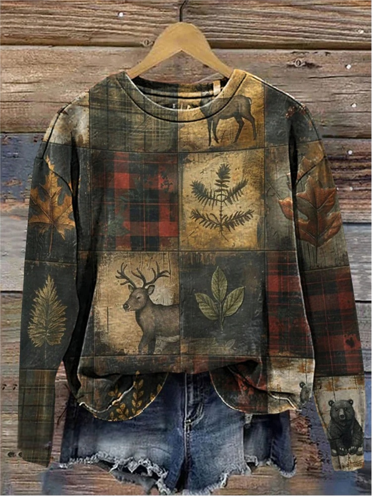 Crew Neck Casual Loose Plaid Sweatshirt