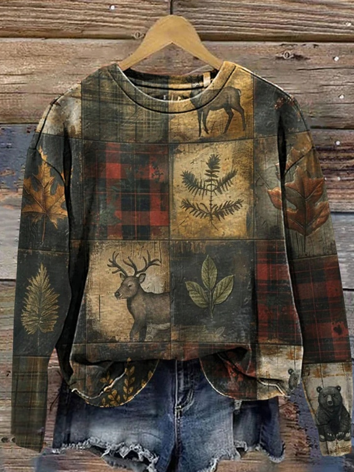 Crew Neck Casual Loose Plaid Sweatshirt