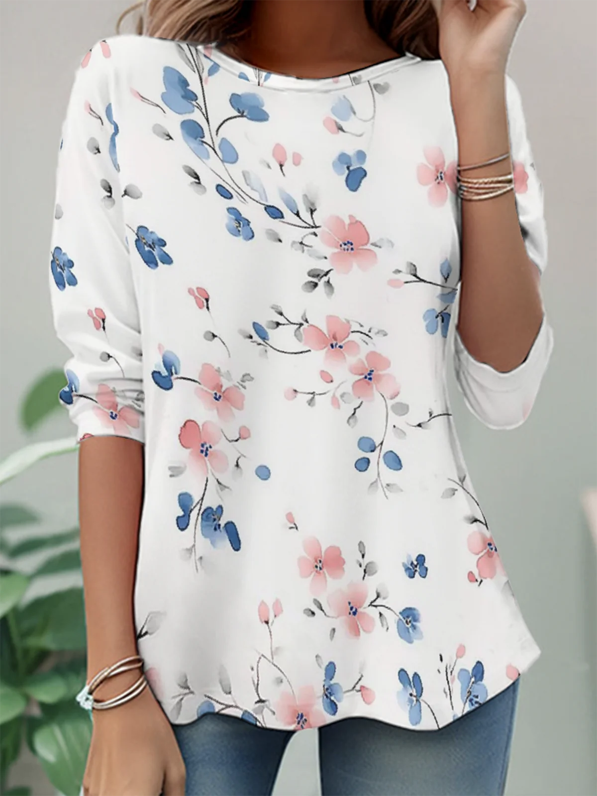 Women's Long Sleeve T-shirt Spring/Fall White Floral Jersey Crew Neck Daily Going Out Casual Top