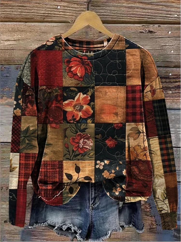 Retro Floral Patchwork Art Print Casual Sweatshirt